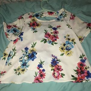 White silk slightly cropped floral t-shirt